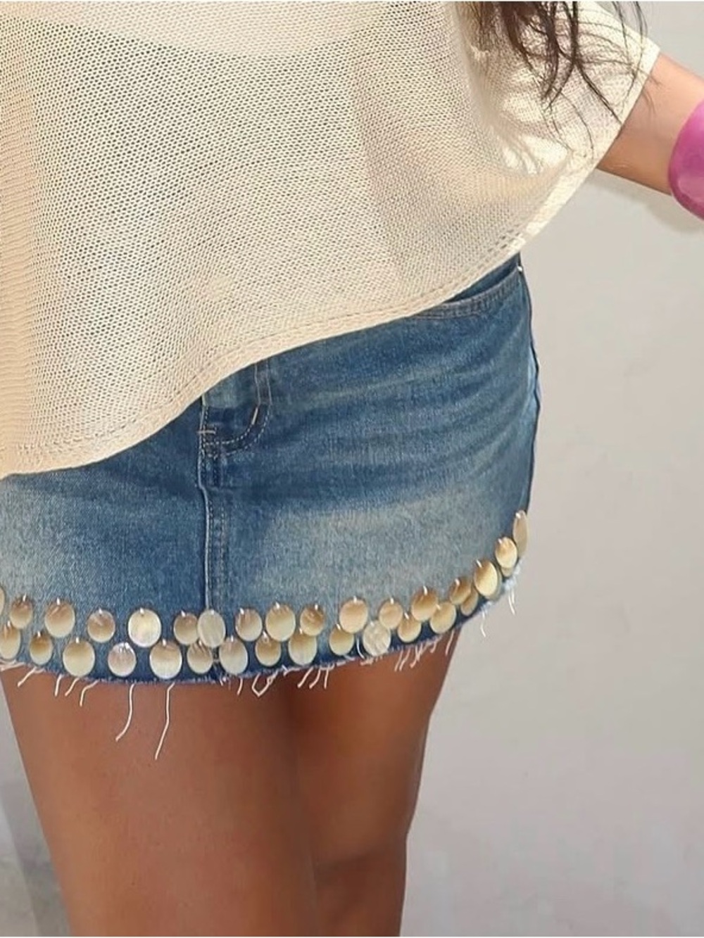 Edikted Blue Denim Mini Skirt with Shell Disc Trim